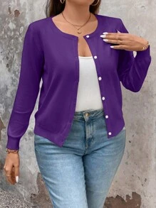 Plus Size Women's Solid Color Simple Daily Long Sleeve Cardigan, For Winter Fall Cloth For Women - Purple - View 6