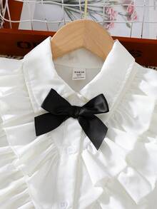 Tween Girls' Double Layered Ruffle Hem White Shirt With Bowknot, Long Sleeved Top Suitable For Parties And School Uniform Inner Layer - White - View 4