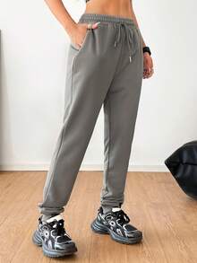 SHEIN EZwear 女士开学比赛日灰色卷边裤 - 淺灰色 - 查看 5