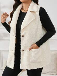 SHEIN Essnce Plus Size Sleeveless Turn-Down Collar Vest With Pockets, For Winter