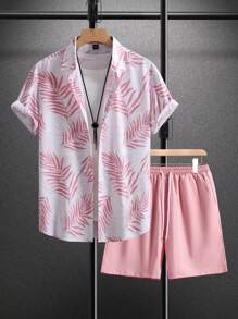 Manfinity RSRT Conjunto de ropa casual de verano para hombres con camisa de manga corta con botones con estampado de plantas hawaianas en la parte delantera y pantalones cortos de un solo color con bolsillo - Rosa vieja - Ver 4