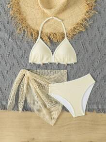Cute Girls' Three-Piece Swimwear Set For Teens - Beige - View 4