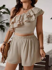 SHEIN VCAY Plus Size Double Layer Ruffle One Shoulder Blouse And Shorts Set For Vacation
