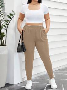 SHEIN Essnce Plus Size Women's Solid Color Simple Daily Pants - Khaki - View 5