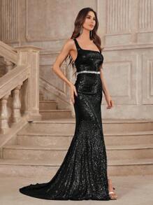SHEIN Belle Elegant And Luxurious Bodycon Dress With Glittery Sequins, One Shoulder, High Slit, Open Back, Rhinestone Decoration, Fish Tail Hem And Long Train, Perfect For Formal Occasions Black Prom Evening Wedding Guest Gown, For Graduation, Dinner - Black - View 6
