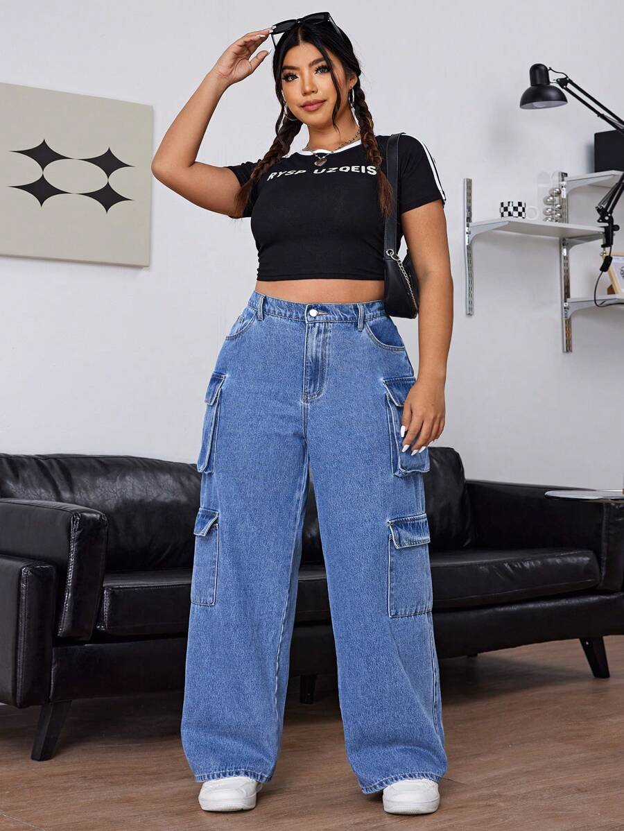 SHEIN EZwear 大码休闲洗水宽松阔腿工装男友风牛仔裤 - 藍色 - 查看 1