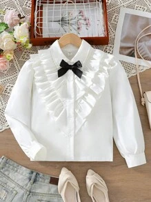 Tween Girls' Double Layered Ruffle Hem White Shirt With Bowknot, Long Sleeved Top Suitable For Parties And School Uniform Inner Layer - White - View 1