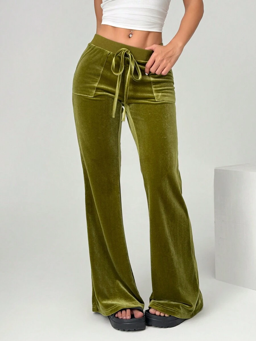 SHEIN EZwear SHEIN EZwear Women's Autumn Casual Retro Green Velvet Flared Pants