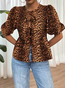 Shein Essnce Women's Summer T-Shirt Girlhood Aesthetic Tie Front Black Polka Dot Tie Front Puff Sleeve T-Shirt, Summer - Khaki - View 6