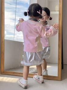 SHEIN Fashionable Laser Patchwork Sweatshirt And Bold Design Skirt Set For Toddler Girls, Casual Academy Style