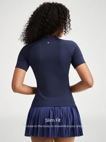 GLOWMODE Game On Stand Collar Mid-Length Sleeve Tee With Mesh Panel Tennis Golf Gym - Navy Blue - View 2