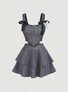 SHEIN MOD Conjunto de Top tipo Cami con lazo y falda floral, color oscuro/multicolor, verano