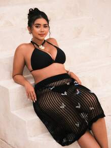 SHEIN Swim Curve 大码女式蝴蝶装饰简约日常罩衫夏季 - 黑色 - 查看 5