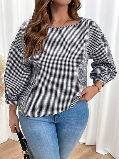 SHEIN Essnce Plus Size Women's Fashion Back To School Clothes Fall Clothes Women Blouses Fall Outfits Teacher Clothes Women Vintage Clothes Long Sleeve Plaid Shirt Casual Commuting Autumn Mid-Long Sleeve Black And White Plaid Loose Shirt