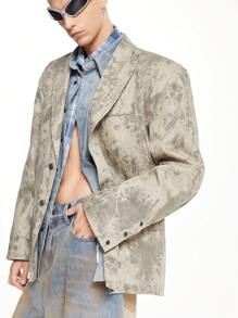 Manfinity VCAY 男士街头风格扎染宽大垫肩宽松编织西装外套适合秋冬季时尚 - 卡其色 - 查看 2