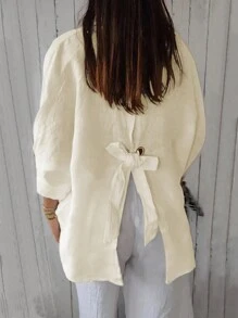 Women's Solid Color Batwing Sleeve Loose Casual Shirt, Spring/Summer - Apricot - View 2