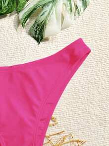 SHEIN Swim 女士纯色热粉色简约基本款比基尼泳裤，适合夏季海滩度假 - 玫紅色 - 查看 4