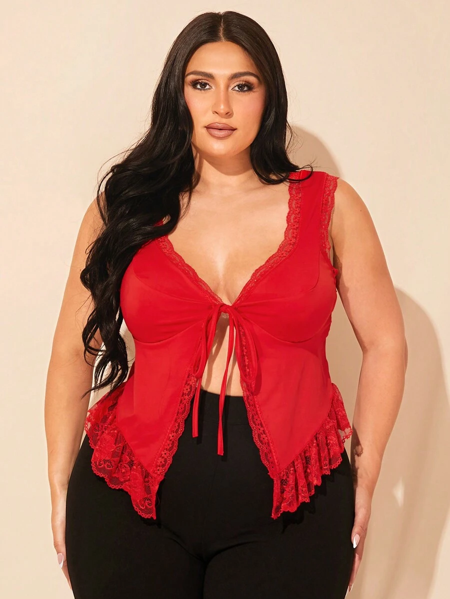 SHEIN BAE 大码女式黑色蕾丝蝴蝶结肩带日常约会背心 - 紅色 - 查看 1