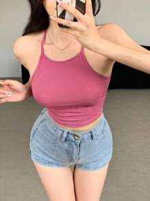 DAZY Women's Summer Solid Color Ribbed Slim Fit Camisole Top Going Out Tops Tops Halter Top - Hot Pink - View 5