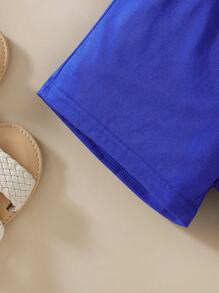 SHEIN 2件套少女度假风沙滩印花上衣和短裤套装，适合夏季沙滩度假 - 藍色 - 查看 3