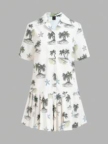 Maija 女式短袖鈕領熱帶植物印花荷葉邊迷你連衣裙