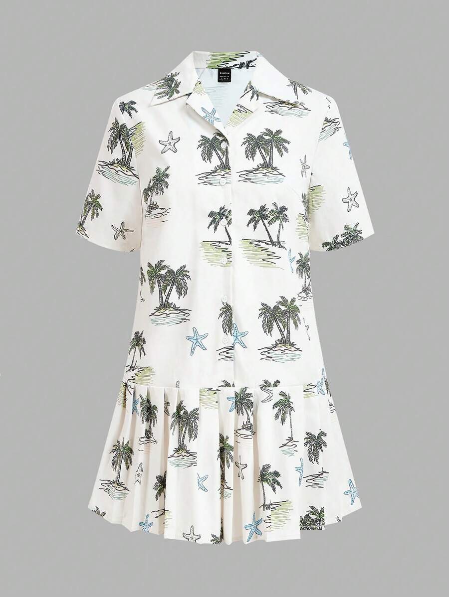 Maija 女式短袖鈕領熱帶植物印花荷葉邊迷你連衣裙