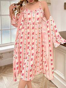 Romantic Floral Print Ruffle Hem Cami Nightgown And Robe Set, Countryside Style - Pink - View 2