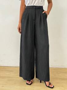 SHEIN Clasi Mùa hè dành cho nữ, quần ống rộng có họa tiết giả vải lanh đơn giản thanh lịch phía trước có chi tiết xếp ly và túi - màu đen - Xem 1