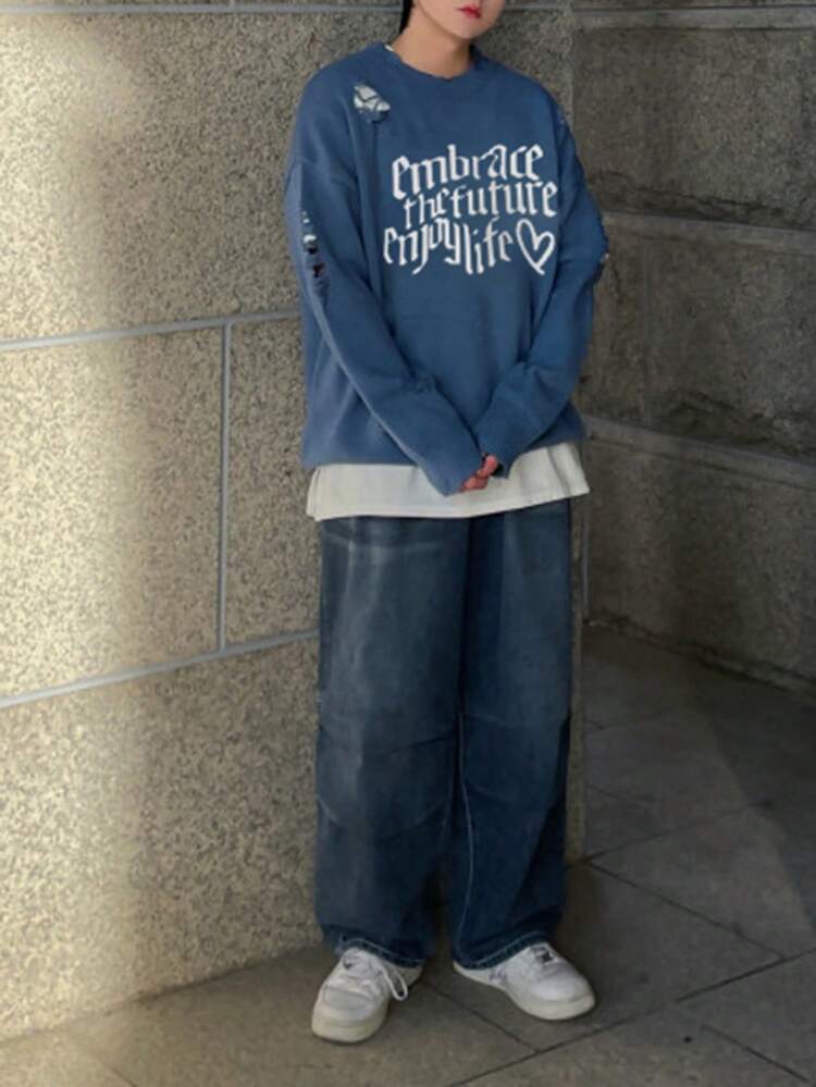 Men's Autumn Fashionable Long Sleeve Sweater With Letter Print And Distressed Details