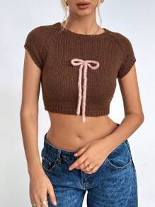 Lunelith SHEIN Lunessa ملابس علوية نسائي قصير الأكمام محبوك بأسلوب بسيط يومي وزخرفة على شكل عقدة الفراشة بلون صلب