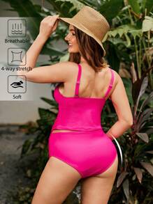 SHEIN Maternity Tankini Swimwear,Solid Maternity Bathing Suit Summer - Hot Pink - View 2