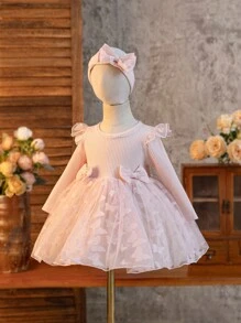 Robe de fête d'anniversaire de mariage pour fille fleur, robe rose à manches longues pour bébé fille avec papillon et fleur en 3D, scène, - Rose bonbon - Voir 1