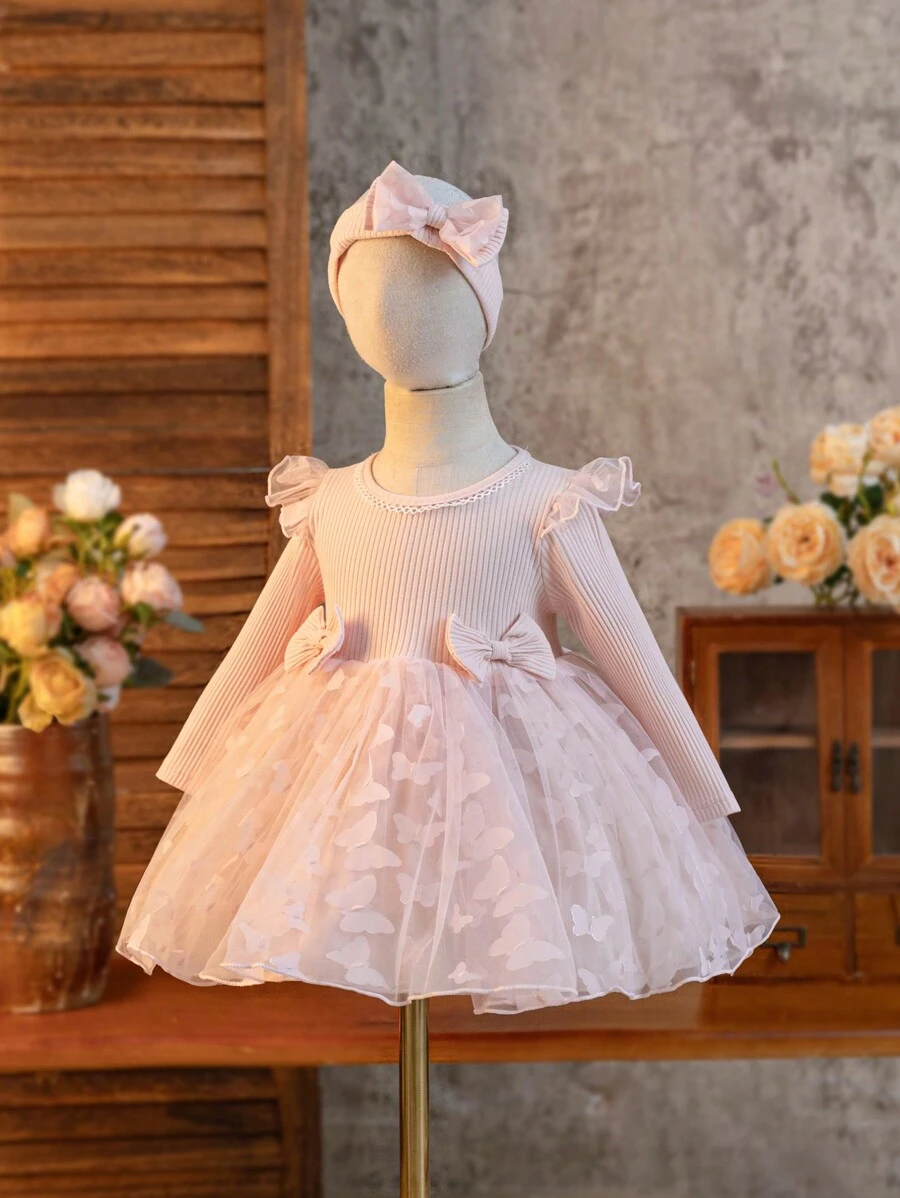 Robe de fête d'anniversaire de mariage pour fille fleur, robe rose à manches longues pour bébé fille avec papillon et fleur en 3D, scène, - Rose bonbon - Voir 1
