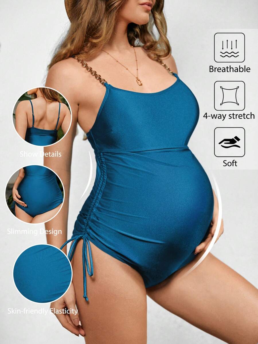 SHEIN Maiô de verão simples para mulheres grávidas, cor sólida, diário - Verde escuro - Ver 1
