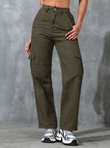 SHEIN EZwear 女裝鬆身休閒牛仔褲，直筒帶口袋，工裝風格 - 軍綠色 - 查看 6