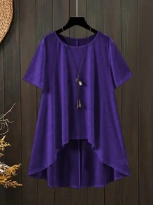 EMERY ROSE Conjunto de talla grande de top de manga corta con dobladillo asimétrico y pantalones largos de unicolor para vacaciones casuales - Morado - Ver 3