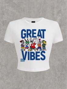 Slaydiva Camiseta corta de cuello redondo de manga corta con gráfico minimalista casual de animal de dibujos animados y letra "Great Vibes", adecuada para mujer en verano