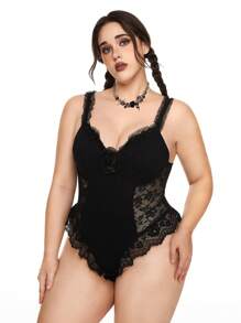 ROMWE Plus Size Ultra Sexy Lace 3D Rose Bodysuit - Black - View 5