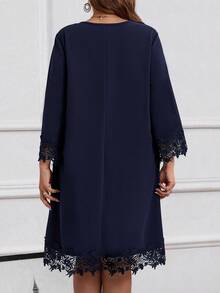 EMERY ROSE Vestido de otoño con encaje azul y empalme para mujer de talla grande - Azul - Ver 2