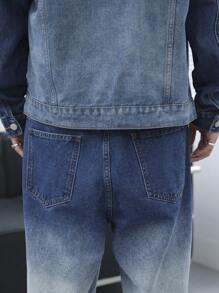 Manfinity Roghcode 男士春夏季加大碼休閒水彩染洗夾克和短褲牛仔套裝 - 深色水洗藍 - 查看 7