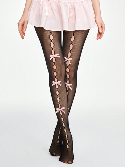 Kawaii 1pair Women's Pink Bowknot Black Hollow Out Fishnet Stockings, Four Seasons