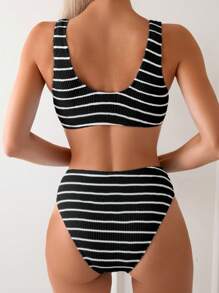 Swim Vcay Ladies' Striped Circular Link Sexy Bikini Set For Summer Beach, 2pcs - Black and White - View 2