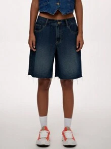 Forever 21 Women's Vintage Low Waist Denim Wide Leg Shorts With Frayed Hems And Pockets