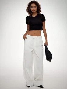 Forever 21 Fall & Winter Women's  White Wide Leg/Back To School/ Basic/ Oversized/Going Out/ Office/Straight Leg Style Pants - White - View 3