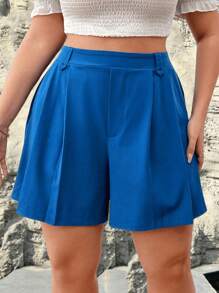 SHEIN LUNE Plus Size Summer Casual Solid Color Pleated Shorts With Side Button Embellishment - Blue - View 7