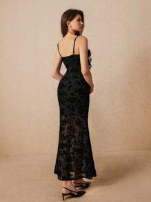 SHEIN Frenchy Women Clothes,Summer Women Dress, Women Dresses ,Evening Dress, Women Black Ruffle Tassel Elegant Velvet Jacquard Dress, Prom Dress, Homing Coming Party Dress, Halloween Outfit, Semi Sheer Long Dress, Fall Clothes - Black - View 5