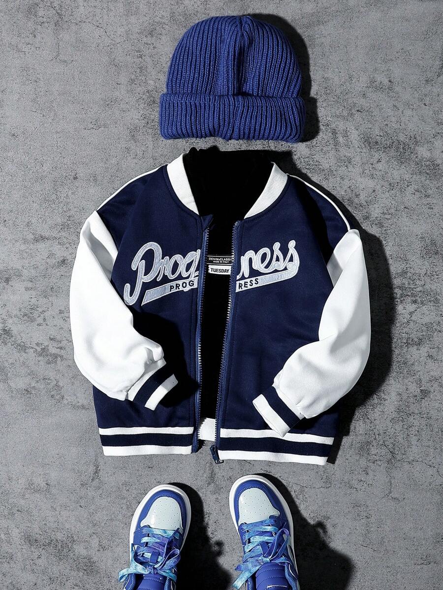 SHEIN 年轻男孩 1 件休闲有趣的学院风可爱街头夹克，带字母印花，适合日常穿着、上学、旅行、户外活动、秋冬季节 - 藏蓝色 - 查看 1