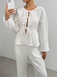 Muchica Ladies' Solid Color Minimalist Daily Wear Long Sleeve Top And Long Pants Two-Piece Set With Tie - White - View 6