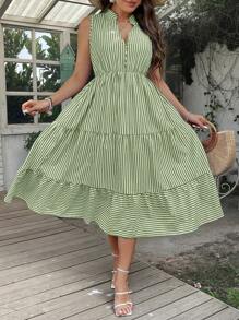 SHEIN Clasi 大尺碼女性夏季條紋無袖V領高衩連身休閒長裙 - 彩色 - 查看 5