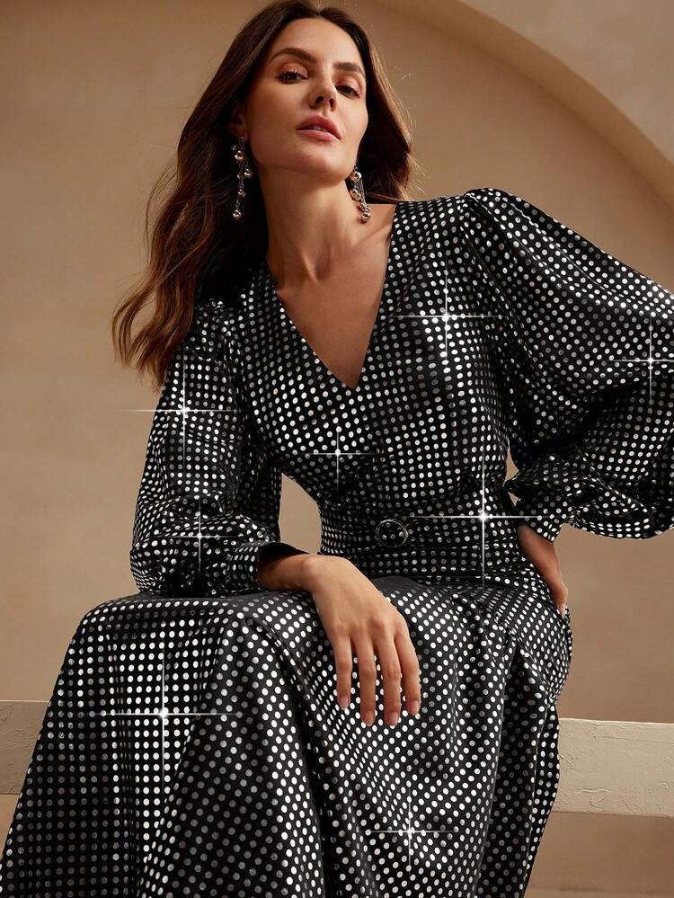 Women's Elegant Gold Foil Polka Dot V-Neck Puff Lantern Sleeve Midi Dress